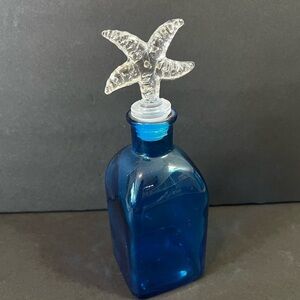 Sea Blue Coastal Bottle w/ Starfish Stopper - Vanity Bathroom Decanter Nautical